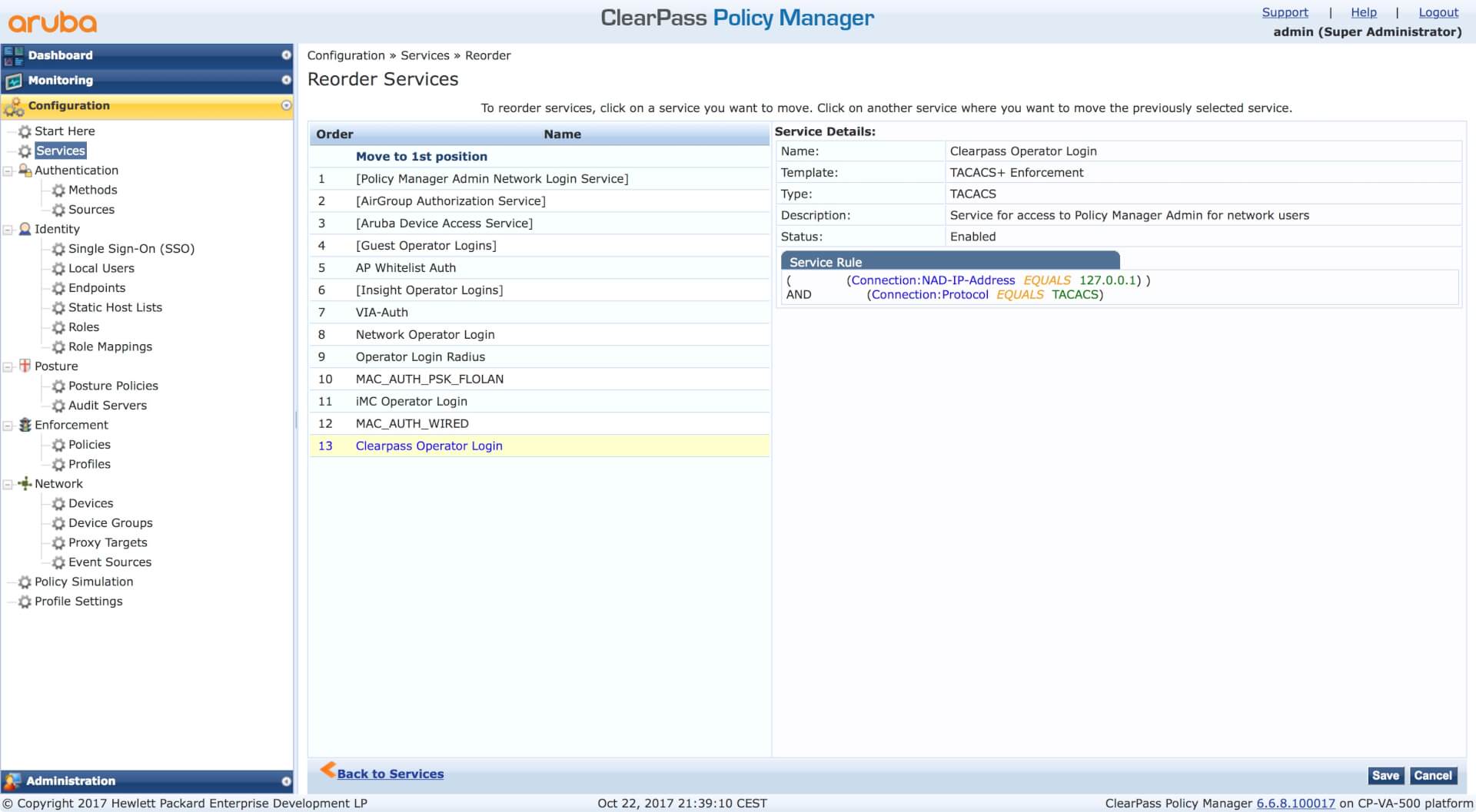 ClearPass操作员登录 - 重新订购服务列表