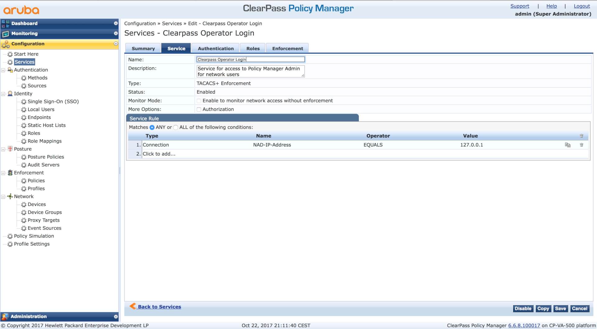Clearpass操作员登录 - 服务