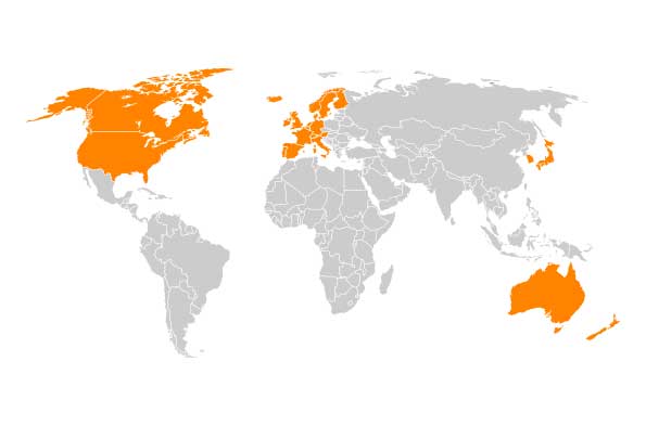 世界地图，以橙色标示北美、澳大利亚、韩国、日本、新西兰和西欧