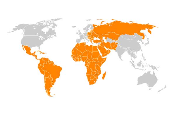 东欧，中东，非洲和拉丁美洲的橙色世界地图