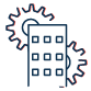 Drawn icon of a building with two gears behind it
