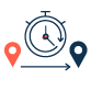 Icon of a stopwatch above 2 location indicators above a left to right arrow
