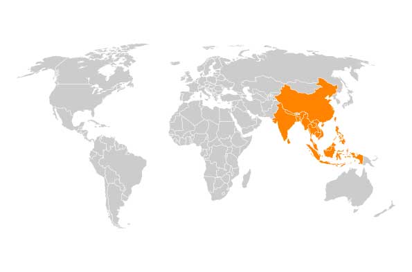 橙色的亚洲和大洋洲世界地图